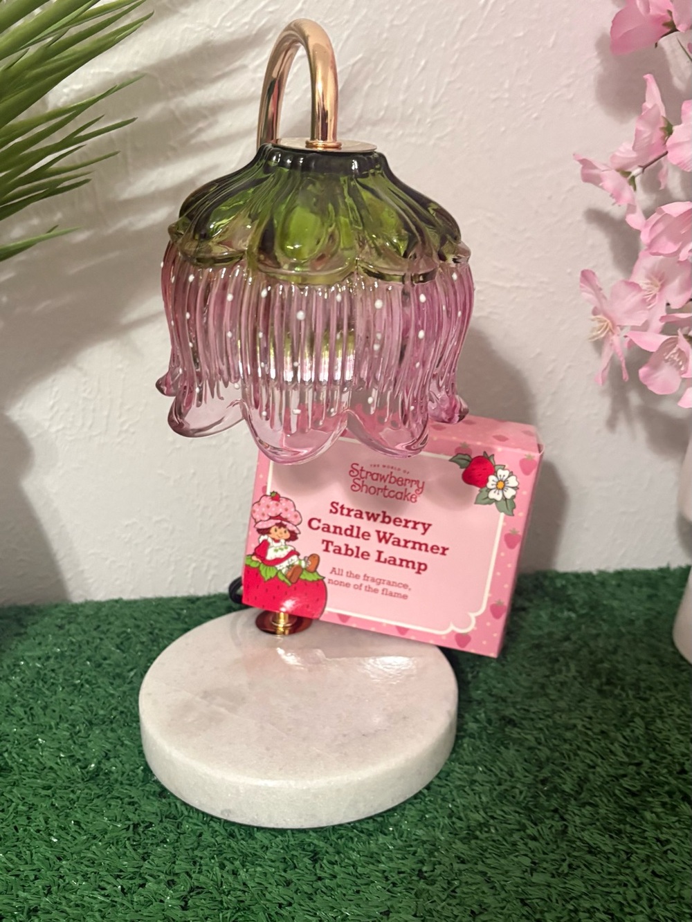 Strawberry Shortcake Candle Warmer Table Lamp Pink Green Glass Flora